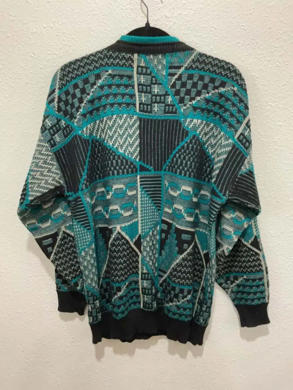 Vintage McGregor Geometric Abstract Knit Sweater Teal Black Size Large